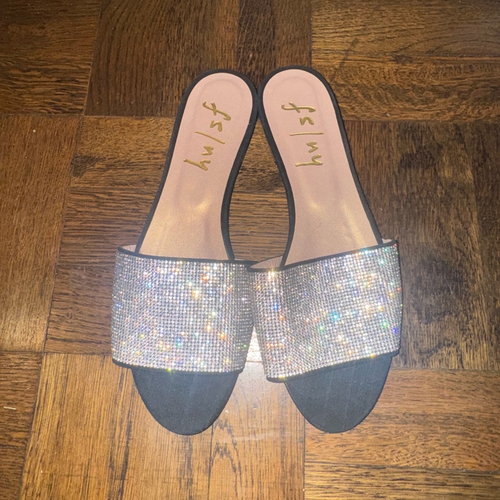French Sole “Fomo” Size 7 Black Suede with Silver Crystals Slide Sandals
